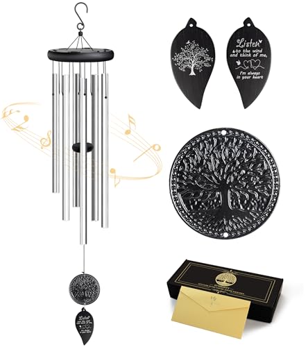 Memorial Wind Chimes for Loss of Loved One, Sympathy Wind Chimes with Tree of Life, Remembrance in Memory of Mom Dad, Bereavement and Condolence Memorial Gifts (Silver Black)