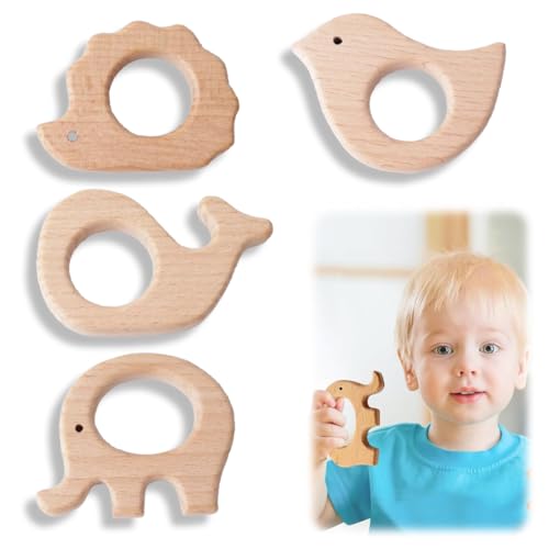 KEQAR 4 Piezas Mordedores de Madera para Bebés, Figuras de Madera Natural, Kit Artesanal Hecho a Mano para Joyería y Manualidades