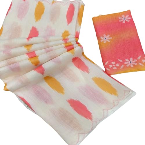 Image of Women's Linen Cotton Blend Saree Multicolor Ikat Brush Print Scalloped Border with Floral Print Unstitched Blouse Piece