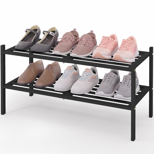 Image of Smiry Bamboo Shoe Rack, 5 Horizontal Slats, 2 Tier - 26.8 inch Wide, Black