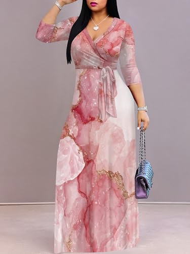 Image of Plus Size Dresses for Women Print Maxi Dresses 3 /4 Sleeve with Belt