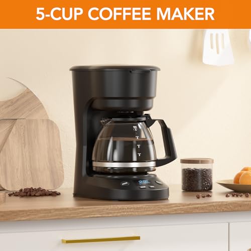 Image of Electactic 5-Cup Programmable Drip Coffee Maker, a compact coffee machine with a digital clock and 24-hour programmable timer, featuring Auto Shut-Off, and a Removable Filter Basket for Home & Office.