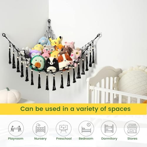 ecofynd Stuffed Soft Toy Organizer, Animal Toy Hammock, Hanging Cotton Storage, Boho Large Corner Plush Toys, Net Holder, Nursery Kids, Play Room, Bedroom, Kid Room (Black, BH014)