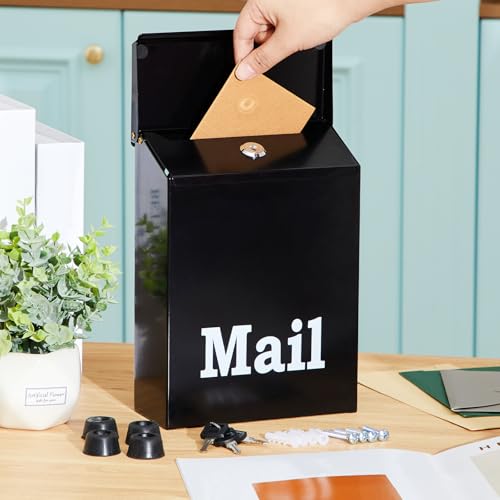 Image of MorningRo 10 x 7 x 3 Inch Small Black Wall Mount Mailbox with Lock Key for Outside Apartment Porch Rust Proof Security Key Drop Box for Letters Newspapers Cards