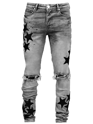 Men's Mid Rise Ripped Stacked Jeans Star Print Stretch Skinny Straight Leg Jeans Hip Hop Denim Pants