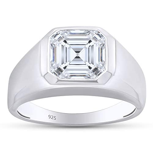 SAVEARTH DIAMONDS Solitaire Ring 1.75 to 3.50 Cttw Asscher Cut Lab Created Moissanite Diamond Bezel-Set Signet Engagement Ring In 14K Gold Over Sterling Silver For Men (G-H Color)