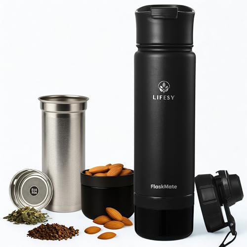 Coffee & Cold Brew Travel Bottle – 18oz Insulated Flask with French Press-Style Brewing, Hidden Storage & Dual Lids – For Hot & Cold Drinks – FLASKMATE All-in-One System (Midnight Black)