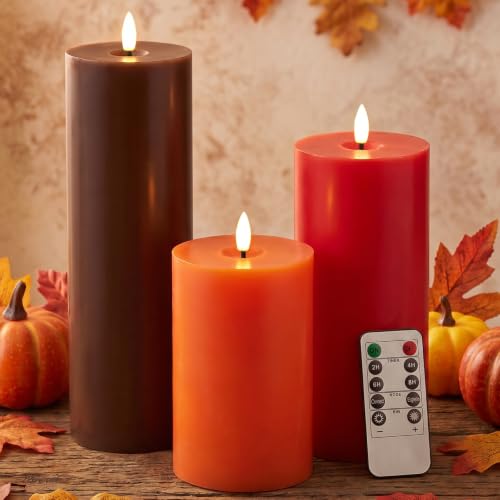 Image of Retisee 3 Pcs Fall 6 /8 /12 Inches Flameless LED Candles with Remote and 2 /4 /8h Timer Red Orange Brown Battery Operated Wax Flickering Candles for Autumn Thanksgiving Harvest Party Desktop Home Decor