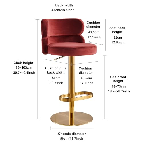 Butaco moderno de terciopelo, giratorio y con altura ajustable, para barra de cocina o isla, con respaldo y reposapiés, silla tapizada con base dorada, color rojo, 1 unidad miniatura 2