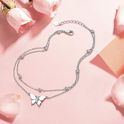 Image of Flyow Anklet for Women S925 Sterling Silver Adjustable Foot Beaded Heart Charm Ankle Bracelet Anklets Jewelry