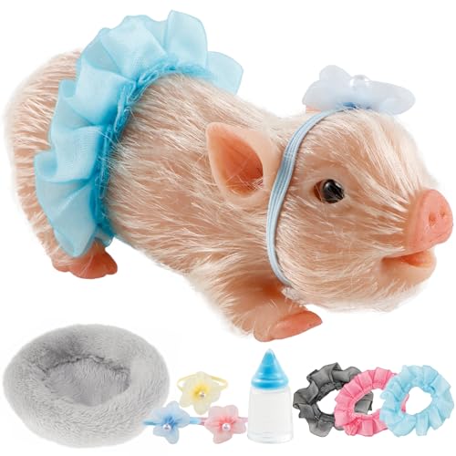 HOTBEST Silicone Pig Silicone 5 Inch Lifelike Pig Doll with Nursing Bottle and Clothing Accessories Cute Realistic Miniature Reborn Interesting Full Body Toys (White F)