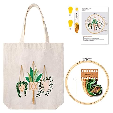 Jasis Woo White Canvas Tote Bag, Embroidery kit for Beginners with Pattern and Instructions Include Embroidery Bag with Flower Pattern, Bamboo Embroidery Hoops, Color Threads and Tool Cover