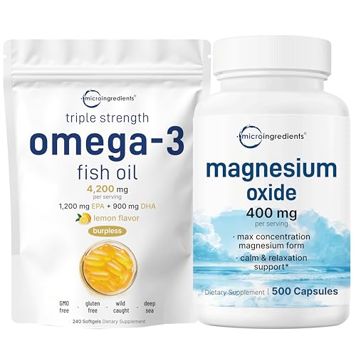 Micro Ingredients Omega-3 Fish Oil 4,200mg & Magnesium Oxide 400mg Bundle Pack | Wild-Caught Fish, Lemon Flavored, Burpless | Elemental Form for Max Concentration