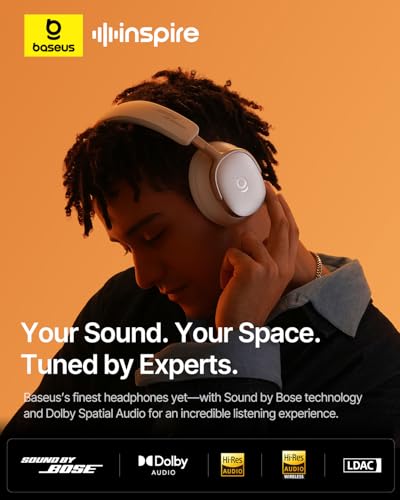 Baseus Inspire XH1 Over-ear hoofdtelefoon met ruisonderdrukking, Sound by Bose, cloud-comfort, Dolby Audio & Hi-Res voor ongelooflijk dynamisch geluid, 100 uur speeltijd, sterrenlicht wit - Afbeelding 3