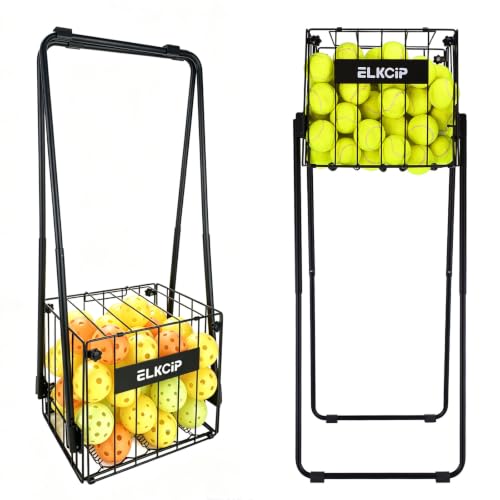 ELKCIP 2-in-1 Portable Pickleball & Tennis Ball Collector - Easily Pick Up Pickleball Retriever Basket Ball Caddy Carrier Picker Hopper with Wheels