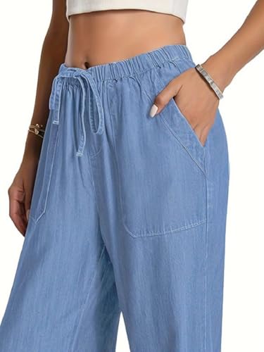 Image of TOPLOT Woman's Wide Leg Drawstring Trousers with Elastic Waist | Relaxed Fit Casual Pants with Pockets | Comfortable Everyday Wear for Travel and Office Wear (5251)
