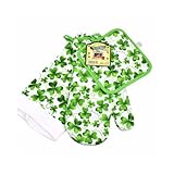 JC Walsh and Sons Set of 3 Green Tea Towel Oven Glove Pot Holder Shamrock Ireland Suitable for Kitchen Cooking Heat Resistant Baking Grilling Kit Irish Souvenirs Housewarming Gift