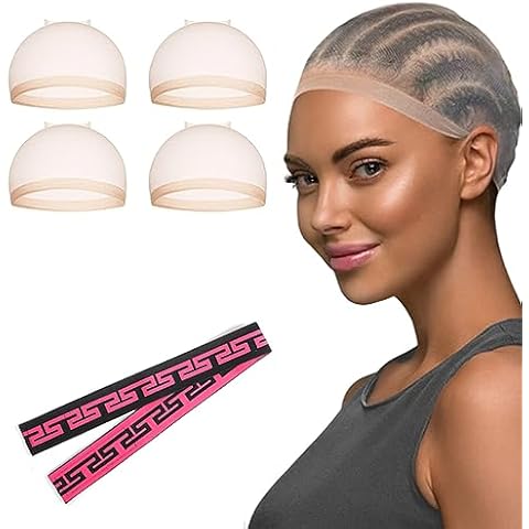 Shoobidoo 4 PCS HD Wig Caps,1PCS Elastic Band for Wigs, Ultra-thin Invisible and Sheer Breathable Wig Caps for Lace Front Wigs,Stretchy Nylon Wig Caps (4pcs Wig Caps with 1pcs Elastic Band) Cover