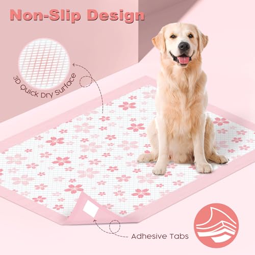 Image of MIZOK 100 Counts Dog Pee Pads Extra Large 28 inchx34 inch, Potty Pads for Big Dog Breeds, Super Absorbent & Leak-Proof, Pink Cherry Blossom Prints, 4-Corner Adhesive Tabs, Thick & Heavy, XL