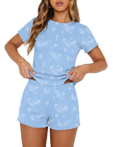 Ekouaer Cute Pajama Sets for Women Summer Lounge Sets Ocean Blue Large