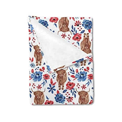 HawSkgFub Baby Toddler Girls Highland Cow Patriotic American Floral Blanket, 4th of July Flower Nursery Flannel Fleece Swaddling Blankets, USA Summer Soft Lightweight Newborn Kids Crib Bedding 30 x 40 Cover