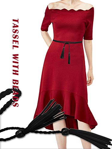 Women Waist Belt Pu Leather Waist Chain/Rope With Tassel Beads Vintage Style 57 Inch, Black, Large #TOP2