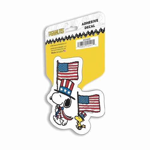 Image of Peanuts Snoopy Patriotic American Flag Adhesive Vinyl Decal - Fun Snoopy Parade Sticker for Car or Gear