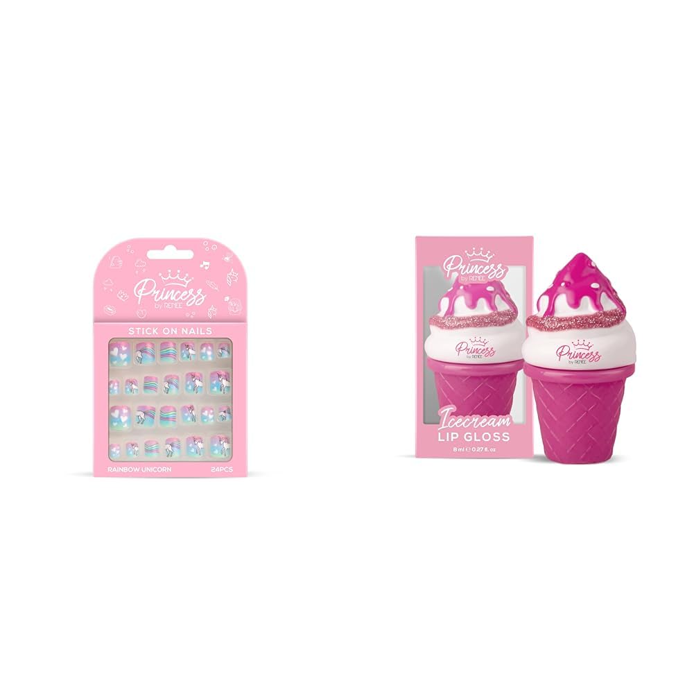 RENEE Princess Stick On Nails Rainbow Unicornquick Fix For Special Occasions & Princess Icecream Lip Glossy 7.5Ml|For Pre-Teen Girls| Enriched With Shea Butter & Apricot Oil