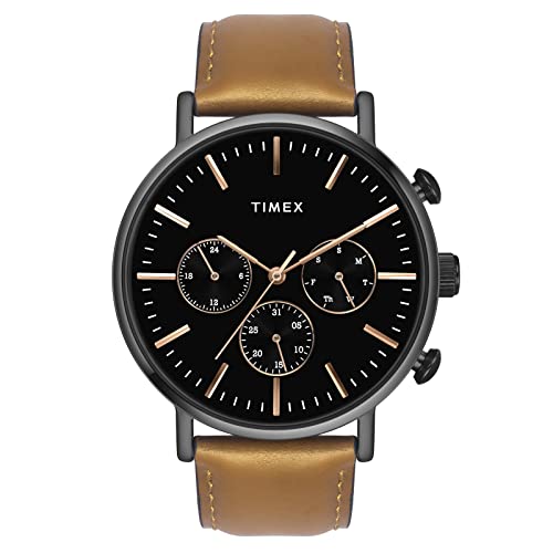 TIMEX Analog Watch for Man with Black Round Dial & Tan Leather Strap Band Water Resistant Men's Wrist Watches - TWEG20006