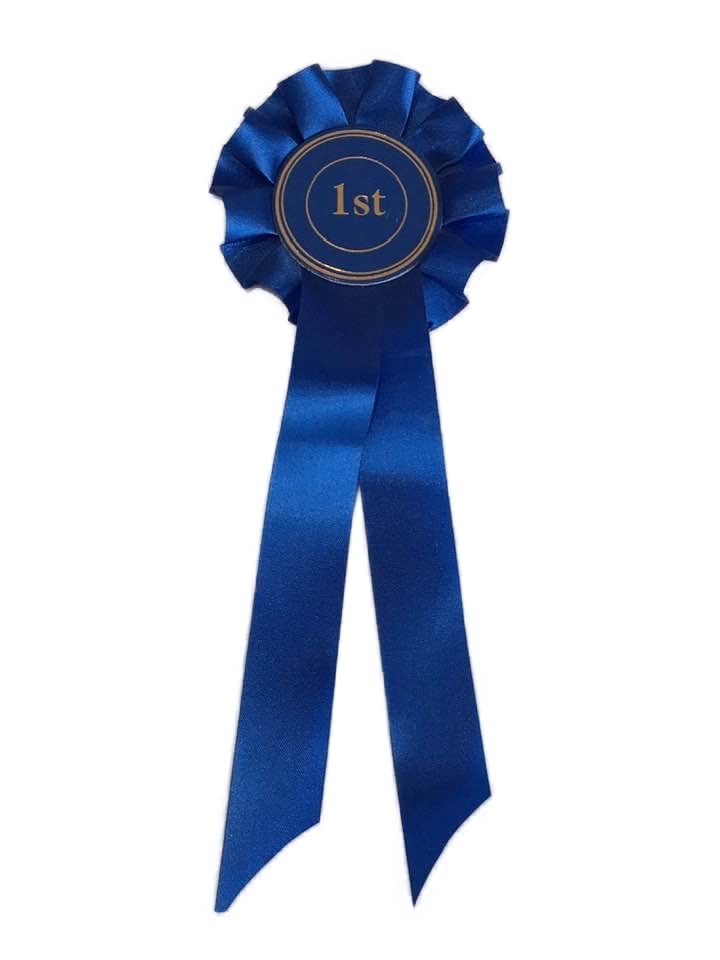 1 tier Rosette ribbon award prize Box pleat prize, fund raising, birthday. 3.5" (8.cm) across, and 9" (22.cm) Custom text optional (Blue)