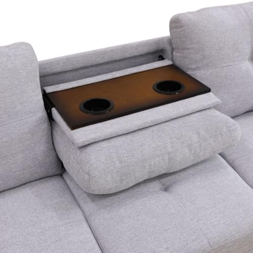 Image of L-Shaped 3-Piece Flannel Sofa with Ottoman, Sectional Couch Set for Living Room, Office, Apartment, with Cup Holder, Grey White