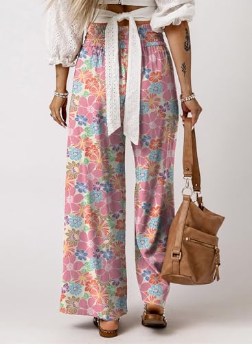 Casual Floral Smocked High Waist Loose Drawstring Pants with Pockets2