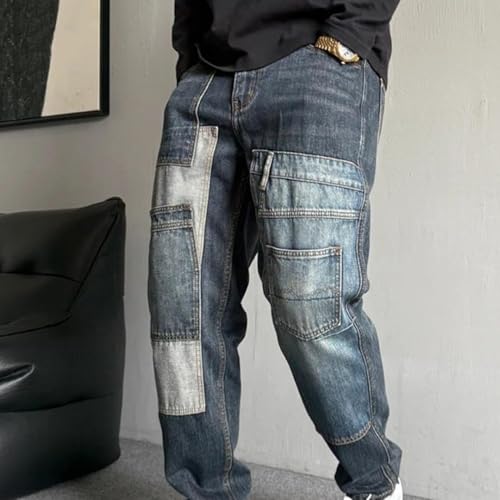 Men’S Hip Hop Trendy Multi Pocket Patchwork Baggy Straight Cotton Skateboard Pants Slim Fit Button Fly Distressed Jeans2