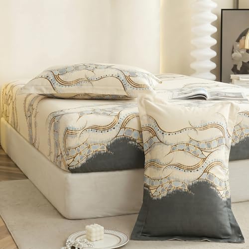 Image of IVAZA Ezyption Cotton Super Soft 240 TC Elastic Fitted All Around Elastic Printed King Size Double Bed Bedsheet with 2 Pillow Cover 72 inch X 78 inch3 Beige Black