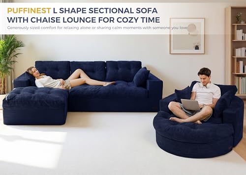 Image of MAXYOYO L Shape Sectional Sofa Couch and Round Chaise Lounge, Modern Cloud Couch with Ottoman, Comfy Sofa with Layered Cushion, Tufted Upholstered Sleeper Chair for Living Room, No Assembly Required