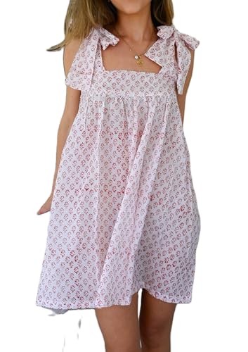 Image of Women Floral Tie Shoulder Mini Dress Cute Square Neck Loose Fit Beach Short Dress Backless Boho Vocation Sundress
