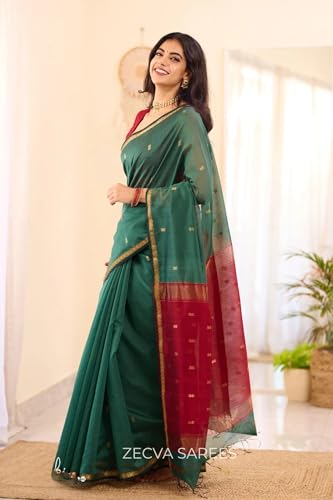 Image of ZECVA Women's Pure Soft Spun Cotton Lichi Silk Saree For Women With Attach Unstitch Blouse Piece