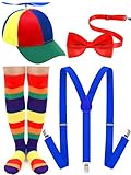 Jiuguva 4 Pcs Propeller Hat Rainbow Clown Hat Y Back Style Suspenders Bow Tie Striped Socks Set for Adult (Red Propeller, Green Hat Brim)