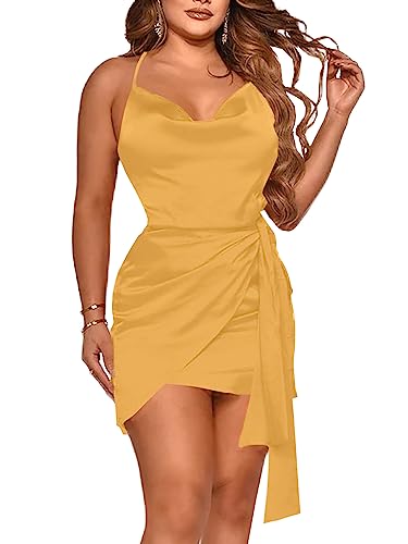 Image of Rooscier Women's Spaghetti Straps Satin Ruched Tie Waist Cowl Neck Party Mini Dress