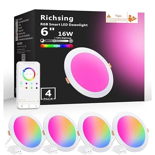 Smart Recessed Lighting 6 Inch Control with APP & Alexa, 16W 5000K High Brightness Color Changing RGBW Smart Canless LED Recessed Lights Dimmable Downlight with Junction Box, 4 Pack