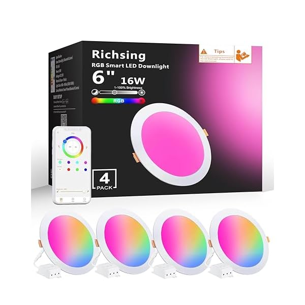Smart Recessed Lighting 6 Inch Control with APP & Alexa, 16W 5000K High Brightness Color Changing RGBW Smart Canless LED Recessed Lights Dimmable Downlight with Junction Box, 4 Pack