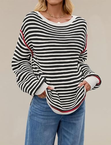 Womens Long Sleeve Striped Sweaters Casual Warm Crew Neck Knit Pullover Sweater Tops4