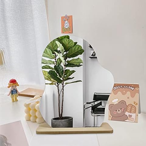 CYIOU Irregular Mirror Acrylic Table Mirror Frameless Wavy Mirror Room Decor Aesthetic Bedroom with Wooden Base Suitable for Bedroom Dining Room Bathroom (24cm*19cm) Cover