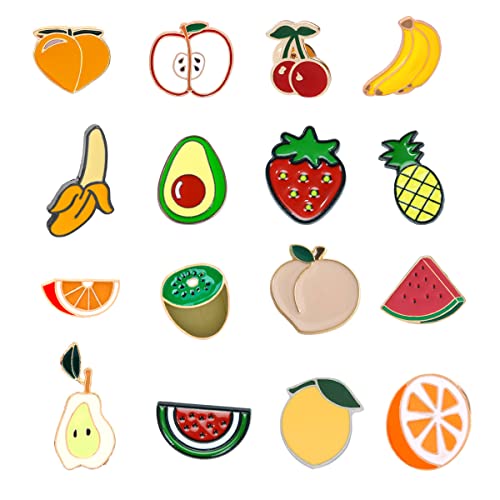 16PCS Cute Fruit Pin Set Strawberry Avocado Peach Pineapple Banana Cherry Brooch Cartoon Badge Lapel Backpack Scarf Decoration