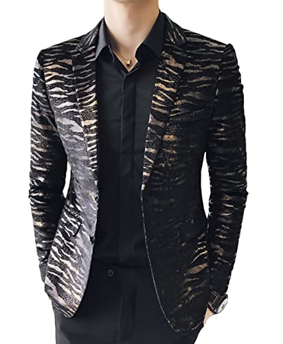 OUYE Men's Golden Leopard 2 Button Casual Blazer
