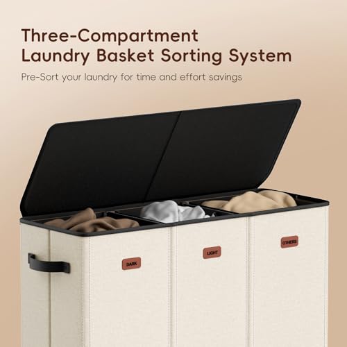 Image of 185L Laundry Hamper 3 Section, Laundry Hamper with Lid, Dirty Clothes Hamper with 3 Removable Washing Bags, Extra Large Laundry Basket Organizer for Bedroom, Laundry Room, Dorm - Beige