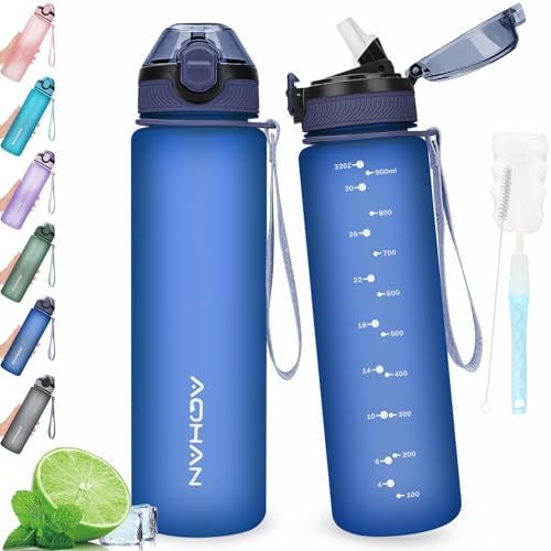 AOHAN Trinkflasche 1L mit auslaufsicherem Klappdeckel, BPA freie Sport Trinkflasche mit Stroh, Wasserflasche Geschirrspüler sichere Wasserflasche ungiftiger Wasserkrug mit Tragegur