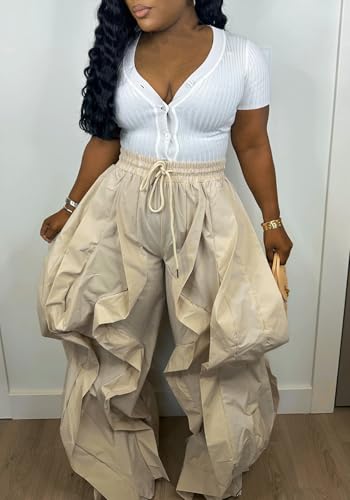 Women's Baggy Barrel Cargo Pants Y2k High Waisted Drawstring Wide Leg Casual Ruffle Patchwork Parachute Trousers Pants3