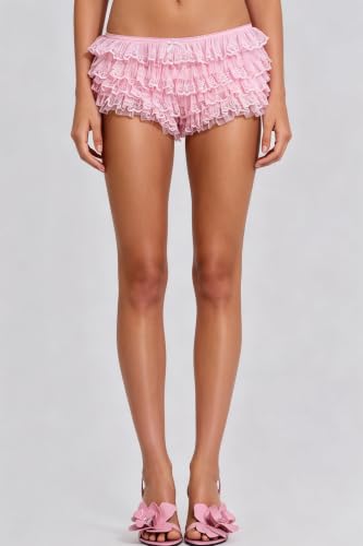 Image of Yiulangde Women Lace Bloomers Layered Ruffle Mini Shorts Y2k Pettipants | Shorts Women,Lolita Ruffled Bloomer Shorts for Under Skirts,Fluffy Booty Shorts,Rave Boy Short Panties,Going out Bottoms