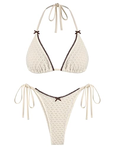 ZAFUL Bikini Sets for Women Halter Two Piece Swimsuit Eyelet Triangle Tie Side Thong Bathing Suit Bowknot Lace Trim Swimwear
